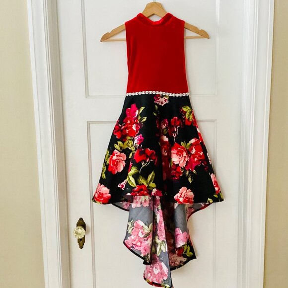 SPEECHLESS Big Girls Floral Halter Neck Red Velvet Hi-Low Party Dress - Picture 2 of 11